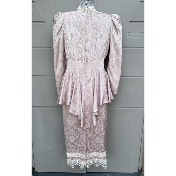 VTG JESSICA McCLINTOCK Pink Silk Lace Prairie Dress High Neck Victorian Cottage - Picture 7 of 16